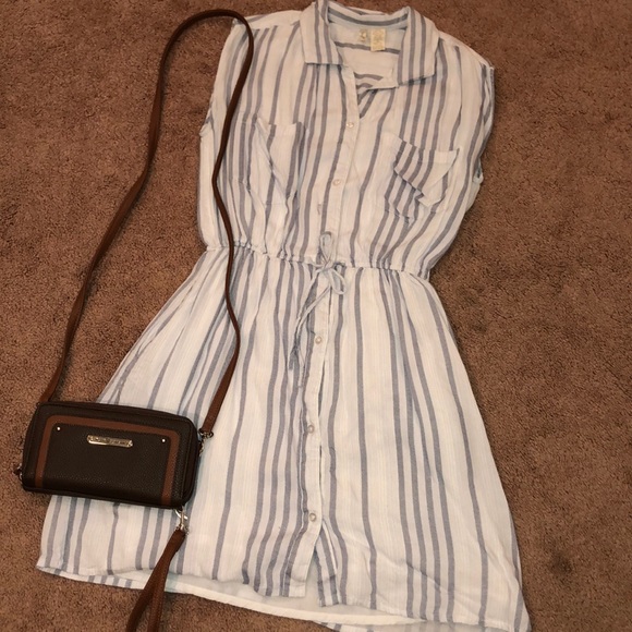 Japna Dresses & Skirts - Blue Striped Tie Waist Sleeveless Dress